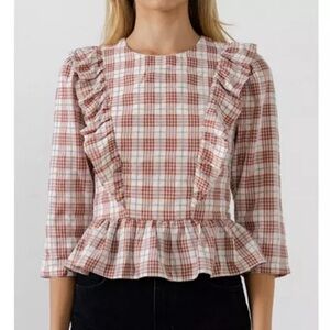 English Factory by Macy’s rust red/ivory plaid print ruffle blouse